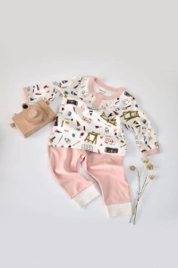 Set bluzita cu maneca lunga si nasturei si pantaloni lungi, 100% bumbac organic, BabyCosy, Pudra (Marime: 6-9 luni) - Img 2