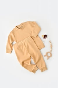 Set bluzita cu maneca lunga si pantaloni lungi - bumbac organic 100% - Mustar, BabyCosy (Marime: 12-18 Luni)