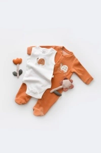Set Broscuta cu salopeta si body din 80%bumbac organic si 20% poliester - Portocaliu, BabyCosy (Marime: 6-9 luni) - Img 2