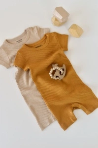 Set de 2 salopetele cu maneca scurta din bumbac organic si modal - Mustar/ Somon BabyCosy (Marime: 9-12 luni) - Img 2