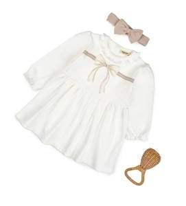Set rochita cu bentita, Bow, BabyCosy, 100%bumbac organic, Stone (Marime: 9-12 luni)