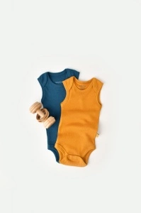 Set 2 body-uri fara maneci bebe unisex din bumbac organic si modal - Bleumarin/Sofran, BabyCosy (Marime: 6-9 luni)