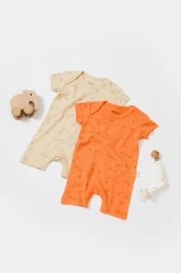 Set 2 salopete scurte Printed, BabyCosy, 50% modal+50% bumbac, Stone/Apricot (Marime: 12-18 Luni) - Img 3