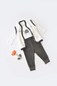 Set 3 piese Broscuta cu body, pantalonasi si vestuta din 80%bumbac organic si 20% poliester - Antracit, BabyCosy (Marime: 12-18 Luni)