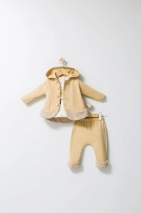 Set 3 piese: pantaloni, bluzita si hainuta cu gluga eleganta pentru bebelusi Fun Penguin, Tongs baby (Marime: 18-24 Luni, Culoare: Ecru) - Img 2