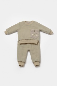 Set bluza dublata si pantaloni Ursulet, Winter muselin - Verde, BabyCosy (Marime: 6-9 luni) - Img 2
