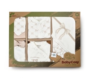 Set de 10 piese pentru nou nascut, Bow, stone, 100% bumbac organic, BabyCosy