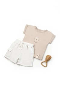 Set tricou maro cu pantaloni scurti TeddyBear, 100% bumbac organic, BabyCosy (Marime: 12-18 Luni)