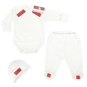 Compleu național, body pieptar + pantalon cu botoșel + căciuliță (Bumbac 100%, gros)crem