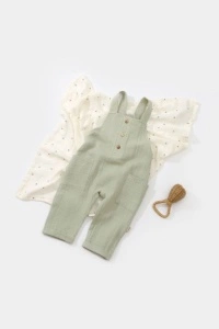 Salopeta de vara cu buzunare din muselina, BabyCosy, 100% bumbac organic, verde (Marime: 6-9 luni) - Img 2