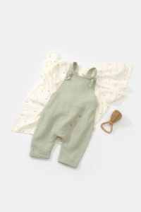 Salopeta de vara cu pantaloni lungi din muselina, BabyCosy, 100% bumbac organic, verde (Marime: 6-9 luni) - Img 2