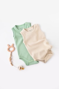 Set 2 body-uri fara maneci bebe unisex -100% bumbac organic - Mint/Stone, BabyCosy (Marime: 6-9 luni)