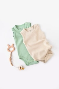 Set 2 body-uri fara maneci bebe unisex -100% bumbac organic - Mint/Stone, BabyCosy (Marime: 6-9 luni)