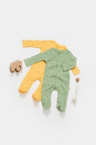 Set 2 salopete lungi Printed, BabyCosy, 50% modal+50% bumbac, Lamaie/Verde (Marime: 0-3 Luni) - Img 2