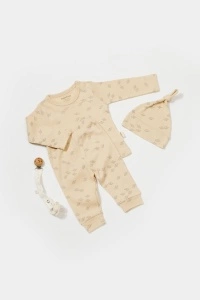 Set 3 piese:bluza, pantaloni si caciulita Printed, BabyCosy, 50% modal+50% bumbac, Stone (Marime: 3-6 Luni)