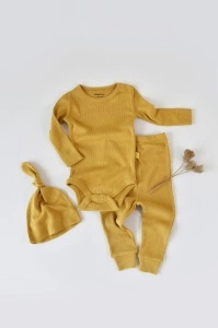 Set 3 piese: body cu maneca lunga, pantaloni lungi si caciulita din bumbac organic si modal - Sofran, BabyCosy (Marime: 12-18 Luni)