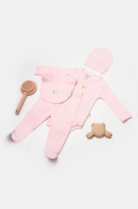 Set 4 piese:body, pantaloni, baveta si caciulita Bamboo, roz, BabyCosy, 50% bumbac+50%bambus (Marime: 6-9 luni)