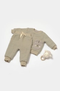 Set bluza dublata si pantaloni Ursulet, Winter muselin - Verde, BabyCosy (Marime: 6-9 luni)