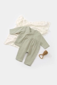 Set bluzita petrecuta si pantaloni lungi din muselina, BabyCosy, 100% bumbac organic, Verde (Marime: 12-18 Luni) - Img 2