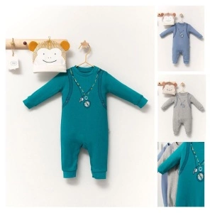 Set salopeta cu caciulita cu urechiuse pentru bebelusi Ursulet, Tongs baby (Culoare: Turcoaz, Marime: 6-9 luni) - Img 2