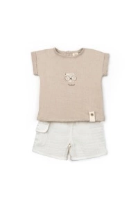 Set tricou maro cu pantaloni scurti TeddyBear, 100% bumbac organic, BabyCosy (Marime: 9-12 luni) - Img 3