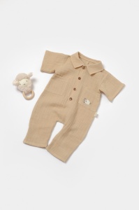 Salopeta cu maneca scurta si nasturei Sheep, 100% bumbac - Apricot, BabyCosy (Marime: 9-12 luni) - Img 1