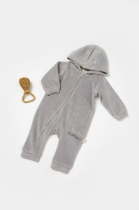 Salopeta Elefant cu maneca lunga si gluga din 80%bumbac organic si 20% poliester - Gri, BabyCosy (Marime: 3-6 Luni)