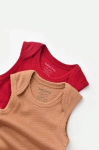 Set 2 body-uri fara maneci bebe unisex din bumbac organic si modal - Maro/Rosu, BabyCosy (Marime: 3-6 Luni) - Img 2
