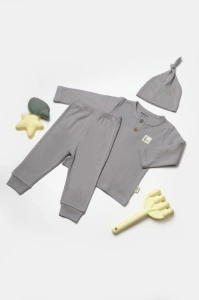 Set 3 piese:bluza, pantaloni si caciulita Bamboo, gri, BabyCosy, 50% bumbac+50%bambus (Marime: 12-18 Luni)