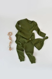 Set 3 piese: body cu maneca lunga, pantaloni lungi si caciulita din bumbac organic si modal - Verde, BabyCosy (Marime: 3-6 Luni)