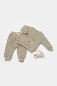 Set bluza cu buzunar si pantaloni Ursulet, Winter muselin, 100% bumbac dublat - Verde, BabyCosy (Marime: 12-18 Luni)
