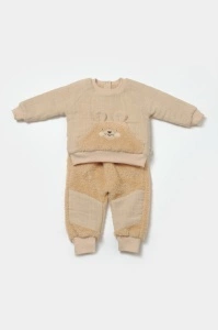 Set bluza cu buzunar si pantaloni Ursulet, Winter muselin, 100% bumbac dublat - Apricot, BabyCosy (Marime: 12-18 Luni) - Img 2