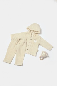 Set bluza cu gluga si pantaloni, Winter muselin, 100% bumbac - Stone, BabyCosy (Marime: 12-18 Luni) - Img 1