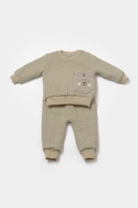 Set bluza dublata si pantaloni Ursulet, Winter muselin - Verde, BabyCosy (Marime: 18-24 Luni) - Img 2