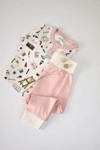 Set bluzita cu maneca lunga si nasturei si pantaloni lungi, 100% bumbac organic, BabyCosy, Pudra (Marime: 6-9 luni) - Img 3