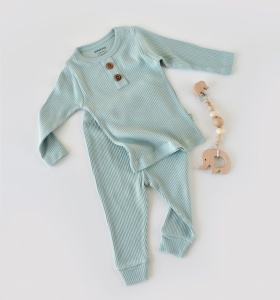 Set bluzita cu maneca lunga si pantaloni lungi din bumbac organic si modal - Mint BabyCosy (Marime: 6-9 luni)