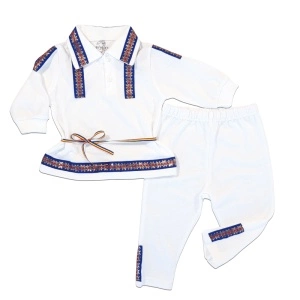 Costum național din 2 piese - Alb (Bumbac 100%,semisubtire)pique
