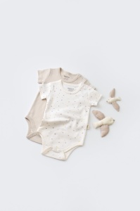 Set 2 body-uri bebe unisex -100% bumbac organic - Ecru cu buline, BabyCosy (Marime: 6-9 luni) - Img 1