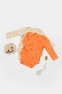 Set 2 body-uri cu maneca lunga Printed, BabyCosy, 50% modal+50% bumbac, Stone/Apricot (Marime: 18-24 Luni) - Img 2