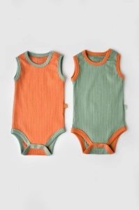 Set 2 body-uri fara maneci Ribana Bebe Unisex din bumbac organic si 5%elastan - Portocaliu/Verde BabyCosy (Marime: 12-18 Luni) - Img 3