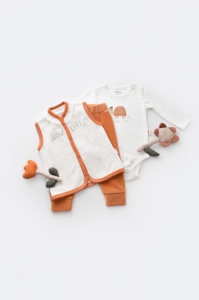 Set 3 piese Broscuta cu body, pantalonasi si vestuta din 80%bumbac organic si 20% poliester - Portocaliu, BabyCosy (Marime: 9-12 luni) - Img 2