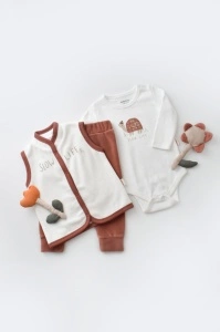 Set 3 piese Broscuta cu body, pantalonasi si vestuta din 80%bumbac organic si 20% poliester - Caramiziu, BabyCosy (Marime: 18-24 Luni) - Img 2
