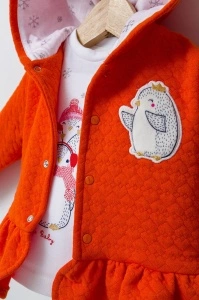 Set 3 piese: pantaloni, bluzita si hainuta cu gluga eleganta pentru bebelusi Crazy Penguins, Tongs baby (Culoare: Galben, Marime: 6-9 luni) - Img 3