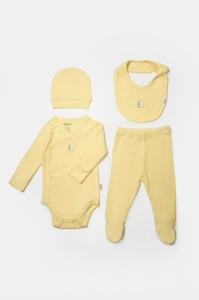 Set 4 piese:body, pantaloni, baveta si caciulita Bamboo, galben, BabyCosy, 50% bumbac+50%bambus (Marime: 6-9 luni) - Img 3