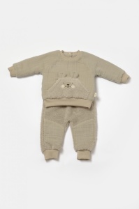 Set bluza cu buzunar si pantaloni Ursulet, Winter muselin, 100% bumbac dublat - Verde, BabyCosy (Marime: 18-24 Luni) - Img 2