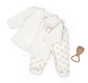 Set bluză și pantalon, Bow, BabyCosy, 100%bumbac organic, Powder (Marime: 12-18 Luni)