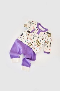 Set bluzita cu maneca lunga si nasturei si pantaloni lungi, 100% bumbac organic, BabyCosy, Mov (Marime: 9-12 luni) - Img 2