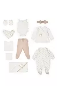 Set de 10 piese pentru nou nascut, Bow, stone, 100% bumbac organic, BabyCosy - Img 2