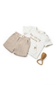 Set tricou cu pantaloni scurti TeddyBear, 100% bumbac organic, BabyCosy (Marime: 18-24 Luni)