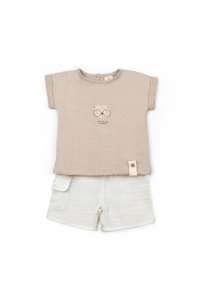 Set tricou maro cu pantaloni scurti TeddyBear, 100% bumbac organic, BabyCosy (Marime: 3-6 Luni) - Img 3